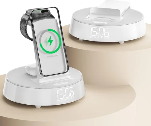 Miniatura 9 de Reloj despertador con estación de carga inalámbrica, reloj para dormitorio con altavoz Bluetooth de luz nocturna, estación de carga inalámbrica