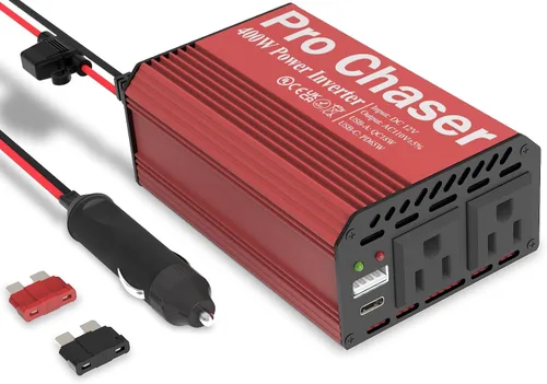 Pro Chaser - Inversor de corriente para vehículo de 400 W - Convertidor de 12 V CC a 110 V CA para coche, con dos salidas de CA, puertos USB-A QC de
