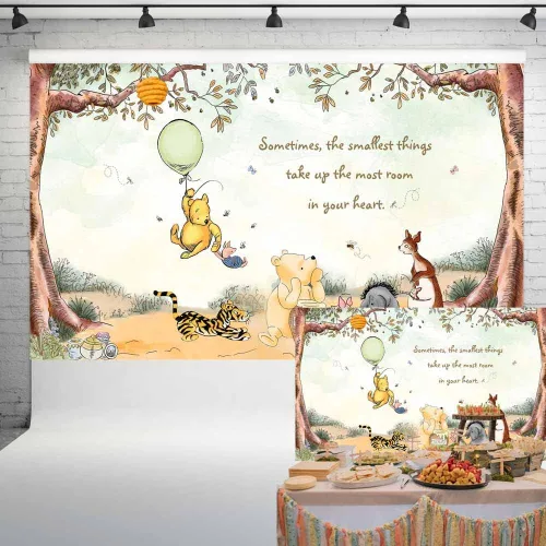 Decoraciones vintage de Pooh Bear Baby Shower Classic Winnie Neutral telón de fondo con globo verde para pastel de cumpleaños recién nacido, fondo