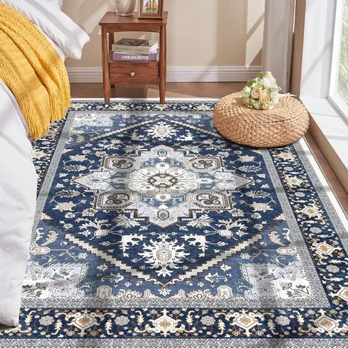 Miniatura 55 de OPPODREAM Alfombras suaves, pequeñas y lavables con parte trasera antideslizante, alfombra de cachemira sintética de pelo bajo, 2 x 3 pies, azul