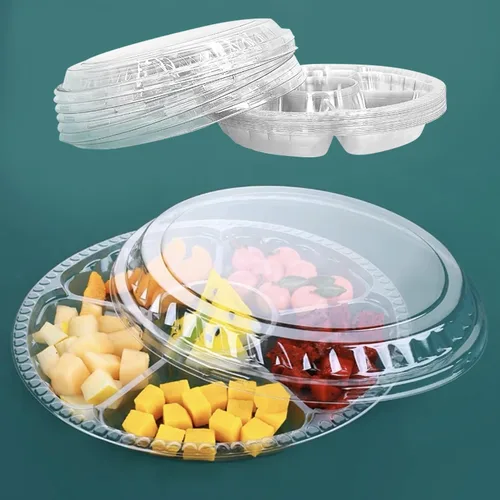 Miniatura 9 de 12 bandejas desechables para frutas, bandeja redonda de plástico para servir aperitivos con tapa, 5 compartimentos, platos de fiesta, recipientes