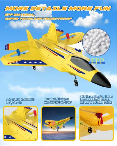 Miniatura 5 de ANTSIR Avión RC F22 RC Avión, 2. Avión de control remoto de espuma de 4 GHz con estabilizador de giroscopio, luz LED, 2 baterías recargables, fácil