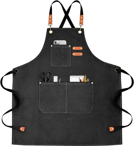 Miniatura 8 de OUNLEN Delantal de Chef para Hombres y Mujeres de Lona con 3 Bolsillos, Delantal Resistente de Trabajo con Espalda Cruzada para Cocinar