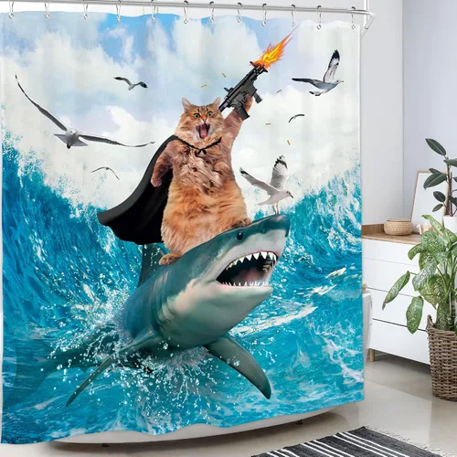 Miniatura 4 de Divertida cortina de ducha con diseño de gato de surf, tiburón, divertida, náutico, océano, océano, mar, ondas, animales, novedad, 72 pulgadas