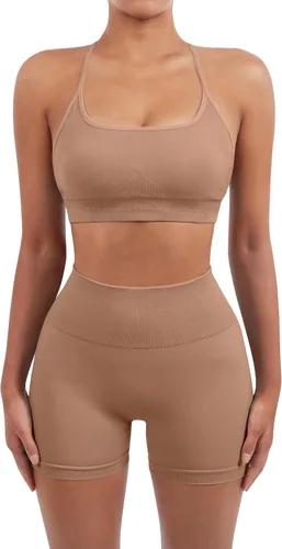 Miniatura 3 de SUUKSESS Conjuntos de entrenamiento sin costuras para mujer, sujetador deportivo con tiras y cintura alta, pantalones cortos