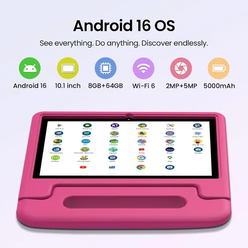 Miniatura 2 de ApoloSignage 2025 Android 15 Tablet para niños, pantalla HD de 10 pulgadas, procesador Octa-Core, 8 GB RAM, 64 GB ROM (expandible a 1 TB), con Rosa