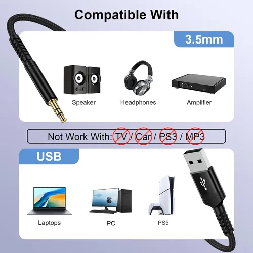 Miniatura 6 de Cable USB a 3.5mm Audio Aux, 0.9m Adaptador USB Macho a AUX Macho TRS Cable de Audio Trenzado Estéreo para Auriculares, Altavoces, PC, Laptop, Negro