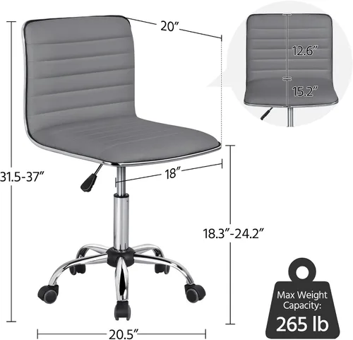 Miniatura 3 de Yaheetech Silla de oficina moderna de piel sintética sin brazos, 2 piezas, ajustable, con respaldo bajo, giratoria, ruedas rodantes, color gris