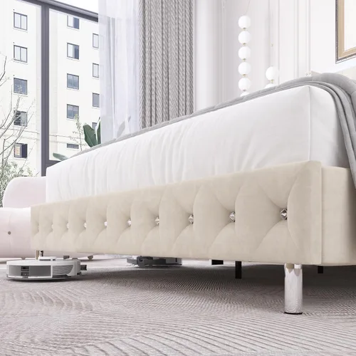 Miniatura 8 de Hlivelood - Marco de cama Queen LED tapizado con cabecera de respaldo, marco de cama tapizado con botones de diamante de terciopelo con puertos USB