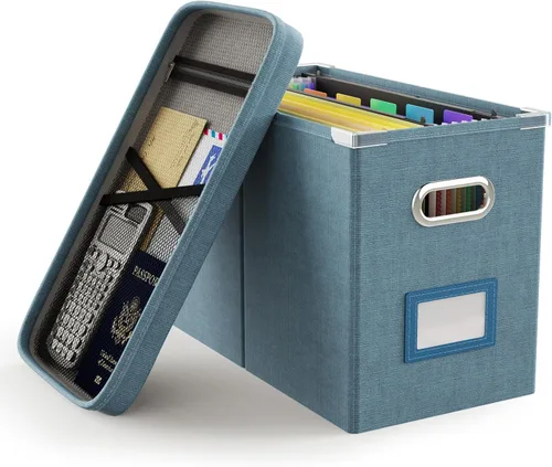Miniatura 10 de Oterri Caja de archivos colgante con bolsillo de malla, caja organizadora de archivos con tapa, caja organizadora de documentos plegable