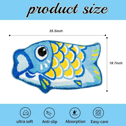 Miniatura 2 de Bonita alfombra de baño Koi de pez azul, antideslizante, de dibujos animados, divertidas, alfombras de baño y tapetes absorbentes para niños
