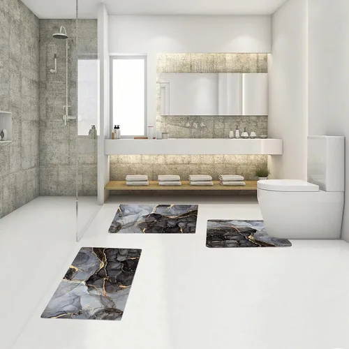 Miniatura 4 de EMMTEEY Juego de alfombras de baño de 3 piezas, alfombra de baño de mármol negro, gris y dorado, antideslizante, absorbente, para debajo