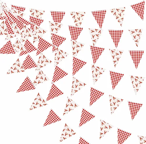 Miniatura 30 de Banderín blanco a cuadros amarillos de 32 pies con banderines de tela a cuadros de tela a cuadros triangulares para picnic, barbacoa, abeja