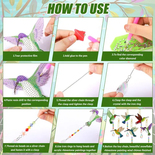 Miniatura 7 de Tradder Juego de 6 piezas de pintura de diamante para colibrí, campanillas de viento, pájaros, kits de arte para adultos, vacaciones, escuela