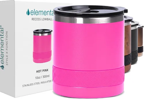 Miniatura 22 de Elemental Recess Vaso bajo de 10 oz, taza de acero inoxidable de triple pared con tapa de Tritan no fracturable, vaso de whisky aislado, taza