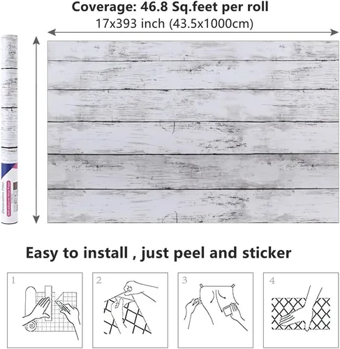Miniatura 6 de Arthome 17 x 393 pulgadas Papel tapiz blanco gris, adhesivo de pelar y pegar, papel de contacto de madera, autoadhesivo, fácil de limpiar, película