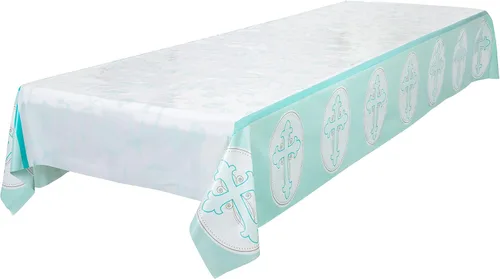 Miniatura 2 de ROYAL BLUEBONNET Mantel de bautismo azul – Juego de 2 decoraciones de fiesta de bautismo para niños, mantel de Pascua de plástico para mesa de 6 u 8