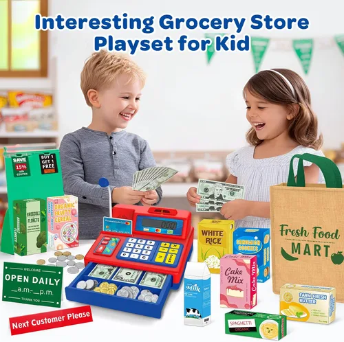 Miniatura 5 de Juguete de Caja Registradora con Calculadora para Niños de 3, 4, 5, 6, 7, 8+ Años, Set de 120 Piezas de Tienda de Comestibles con Micrófono, Cajas