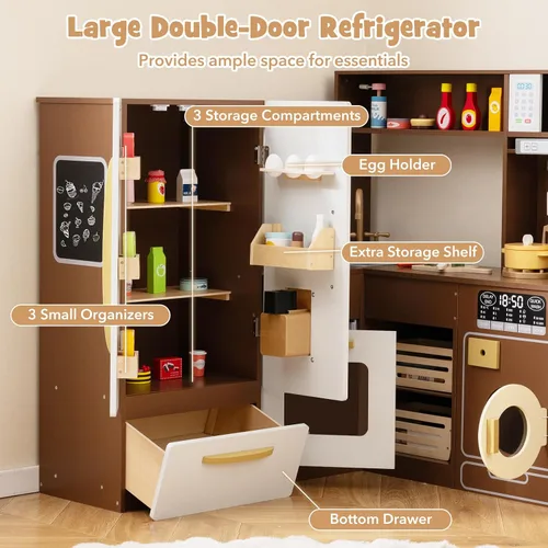 Miniatura 5 de Costzon Juego de Cocina de Esquina, Set de Juguetes de Cocina con Luces y Sonidos Reales, Refrigerador Grande, Máquina de Hielo, Horno, Microondas