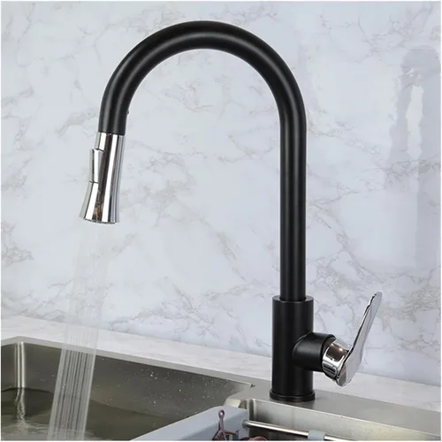 Miniatura 3 de Grifos del mezclador de la cocina Negro Color Negro Material de acero inoxidable Agua fría y caliente Dos modos Agua hacia fuera 23.6 in Manguera