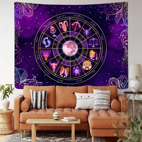 Miniatura 3 de Tapiz de luz negra del zodiaco – Reactivo UV que brilla en la oscuridad constelación brujería colgante de pared para dormitorio