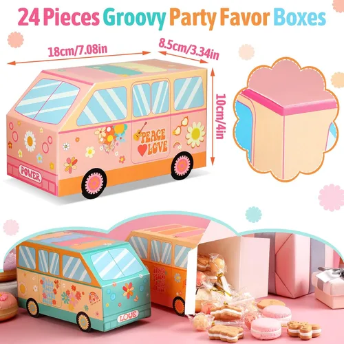 Miniatura 2 de TecUnite 24 cajas de recuerdos de fiesta Groovy, hippie, centro de mesa de autobús de la paz, decoración de fiesta de cumpleaños, letreros de paz