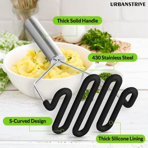 Miniatura 3 de Urbanstrive Machacador de Papas de Silicona Antiarañazos Herramienta de Cocina, Machacador de Papas Machacador de Papas de Acero Inoxidable Envuelto
