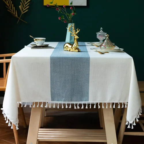 Miniatura 10 de Oubonun Mantel rectangular de lino de algodón, resistente a las arrugas y resistente al agua, lavable a máquina con borlas para cocina y comedor, 55