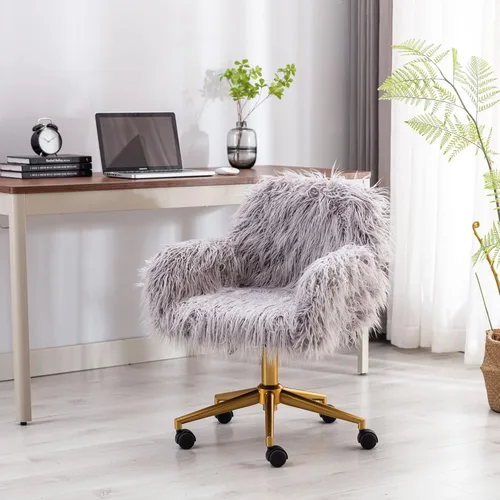 Miniatura 2 de KCC Silla de escritorio de oficina esponjosa, silla giratoria moderna de pelo sintético con ruedas, sillas de acento suaves, cómodas, elegantes