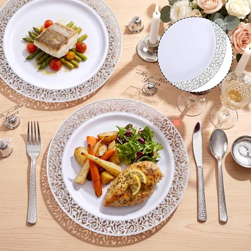 Miniatura 4 de supernal 100 platos de plástico plateado 10.25 para fiesta grande, platos de plástico blanco con borde plateado, platos desechables resistentes