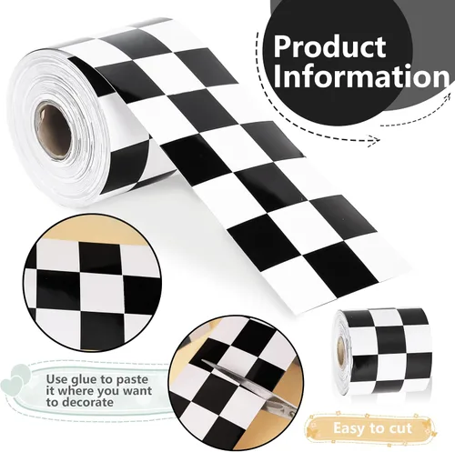 Miniatura 7 de Borde de tablero de anuncios de bandera a cuadros en blanco y negro de 66 pies, borde troquelado a cuadros, rollo de recortes de papel