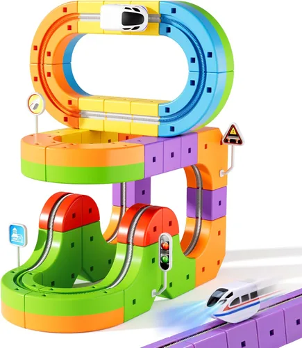 klick Rail - Juego de tren eléctrico 3D mágico y flexible para niños de 3, 4, 5, 6, 7, 8 años, 48 piezas de bloques de pista de autos de carreras