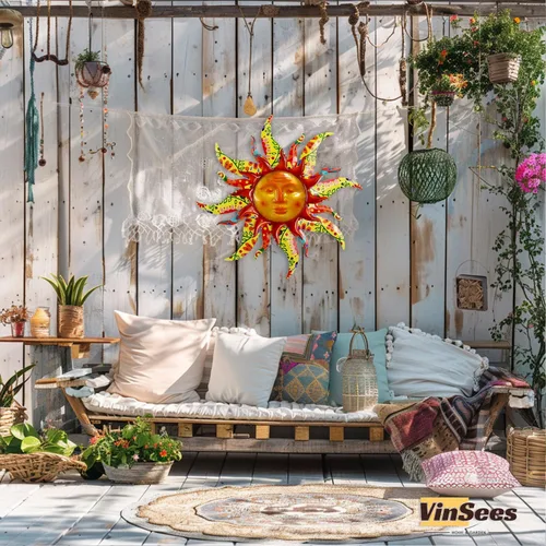 Miniatura 6 de Decoración de pared de sol de metal de 19 pulgadas, decoración de pared de sol de metal 3D de doble capa y vidrio para exteriores e interiores