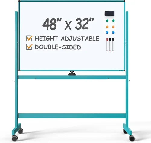 Miniatura 9 de Pizarra blanca magnética grande de borrado en seco con ruedas – 48 x 32 pulgadas, pizarra blanca de altura ajustable de doble cara, caballete Blanco