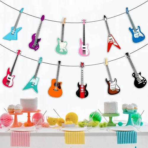 Miniatura 5 de Cartel de feliz cumpleaños de guitarra, decoración geométrica multicolor para fiestas temáticas de música para niños y niñas, 5 x 78 pulgadas