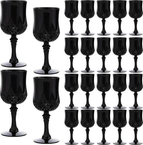 JLYLOL Copas de Vino Vintage de Plástico 7OZ Copas de Plástico Vintage Vasos para Beber 24PCS Cristalería Retro para Bodas Copas de Agua Negro