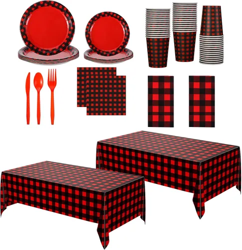 Miniatura 10 de Oudain 162 piezas de suministros de fiesta de Navidad para 20 invitados, 2 manteles a cuadros a cuadros, platos, vasos, servilletas, cuchillos
