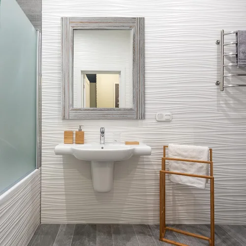 Miniatura 5 de YOSHOOT Espejo de pared empalmado de madera hecho a mano para baño, espejo de tocador rústico de granja, arte de pared decorativo, marco de madera