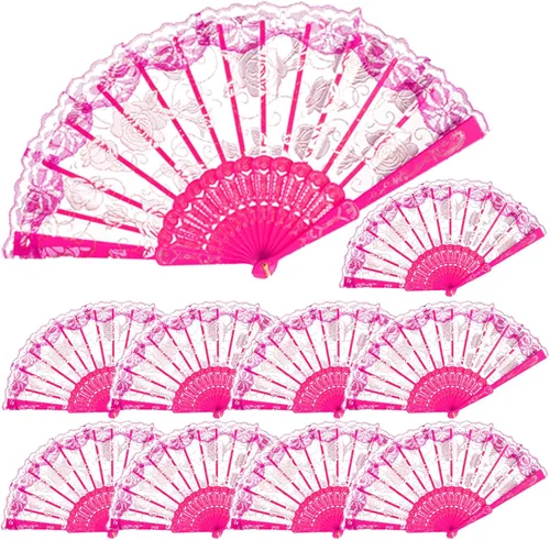 QIRMIZI 30 abanicos de mano plegables de seda, abanicos de seda, abanicos de rosa profundo, perfectos para bodas, fiestas y bailes, rosa oscuro