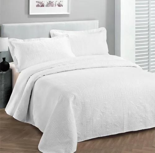 Colección Fancy Juego de Colcha de Lujo con Sobrecama y Cubierta de Cama con Relieve Sólido Blanco Nuevo Tamaño Extra Grande Full/Queen