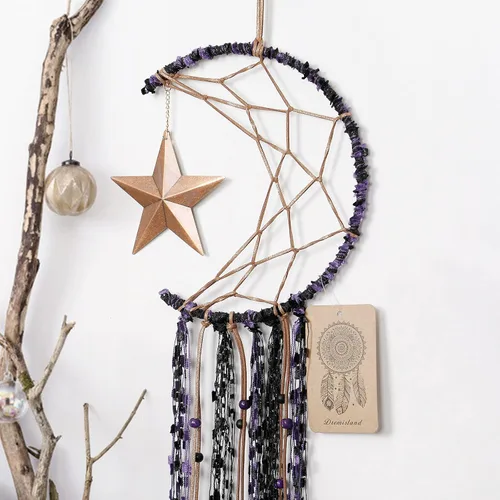 Miniatura 2 de Dremisland Atrapasueños de luna hecho a mano, medio círculo, diseño de luna atrapasueños, plumas, colgando con estrella, decoración del hogar, Morado