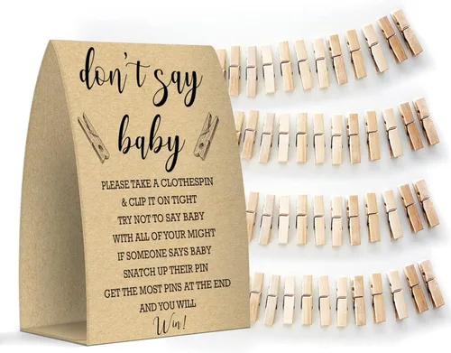 Miniatura 7 de Juego de texto en inglés "Don't Say Baby", un letrero de 5 x 7 pulgadas y 50 mini pinzas para la ropa, juegos de baby shower, decoración de baby