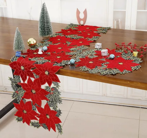 Miniatura 3 de GRANDDECO Camino de mesa navideño para fiestas campestres, bufandas para cómoda bordadas con flores de Pascua navideñas, Navidad, hogar, cocina