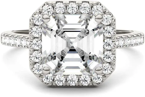 Miniatura 4 de Charles & Colvard Anillo de compromiso Asscher de moissanita de oro blanco de 14 quilates de 0.315 in, 2.69cttw DEW