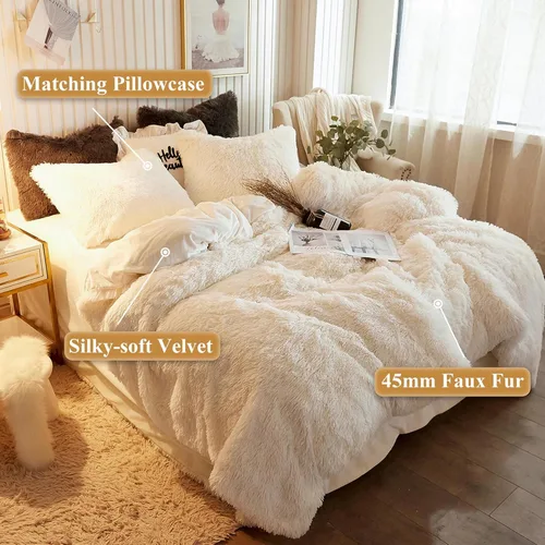 Miniatura 2 de XeGe juego de funda de edredón de terciopelo de lujo ultrasuave, juego de cama de 2 piezas, 1 funda de edredón de piel sintética y 1 funda de Beige