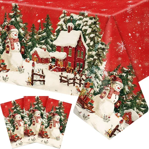 Miniatura 9 de Frienda Paquete de 3 manteles de plástico para Navidad, mantel de Navidad desechable rectangular para decoración de fiesta de Navidad, suministros