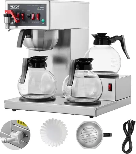 Miniatura 10 de VEVOR Cafetera de Goteo Comercial de 12 Tazas, Máquina Cafetera con 3 Jarras de Vidrio y 3 Platos Calentadores, Cafetera de Acero Inoxidable