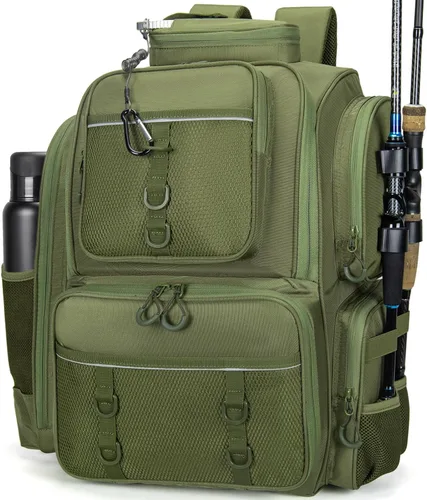 Miniatura 9 de WANOON - Mochila para pesca, bolsa de pesca con soportes para cañas. Mochila de aparejos grande con materiales resistentes Negro