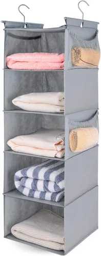 MAX Houser Organizador colgante de armario con 5 estantes, ahorra espacio, estantes colgantes con (4) bolsillos laterales, plegable, gris claro