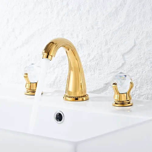 Miniatura 2 de Grifo de lavabo de baño de 3 agujeros montado en la cubierta de latón generalizado grifo de baño manija de cristal grifo mezclador oro Ti-PVD
